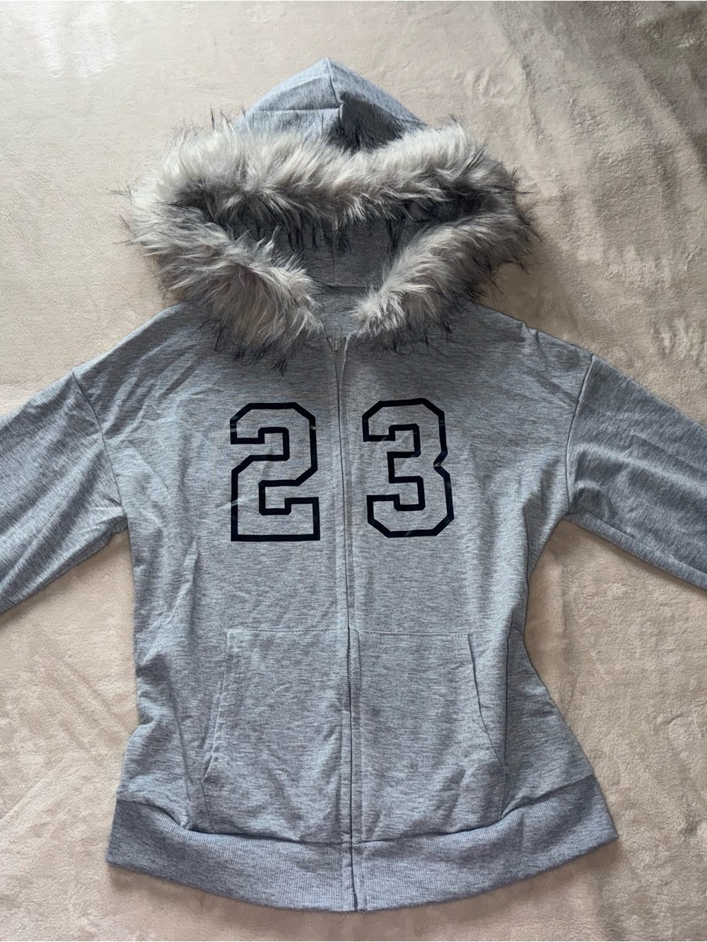 Gray Fur-Trim Hooded Zip Jacket with '23' Detail